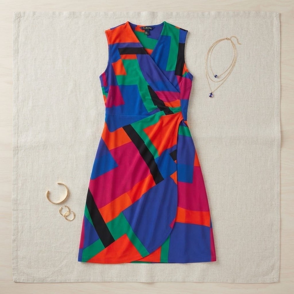 Lauren Ralph Lauren Faux Wrap Dress Womens S Multicolor Geometric Colorblock Mod